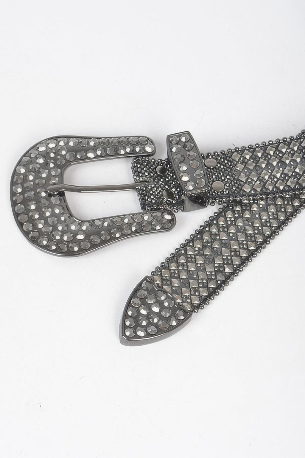 Hematite rhinestone buckle with matching belt ends, diamond grid