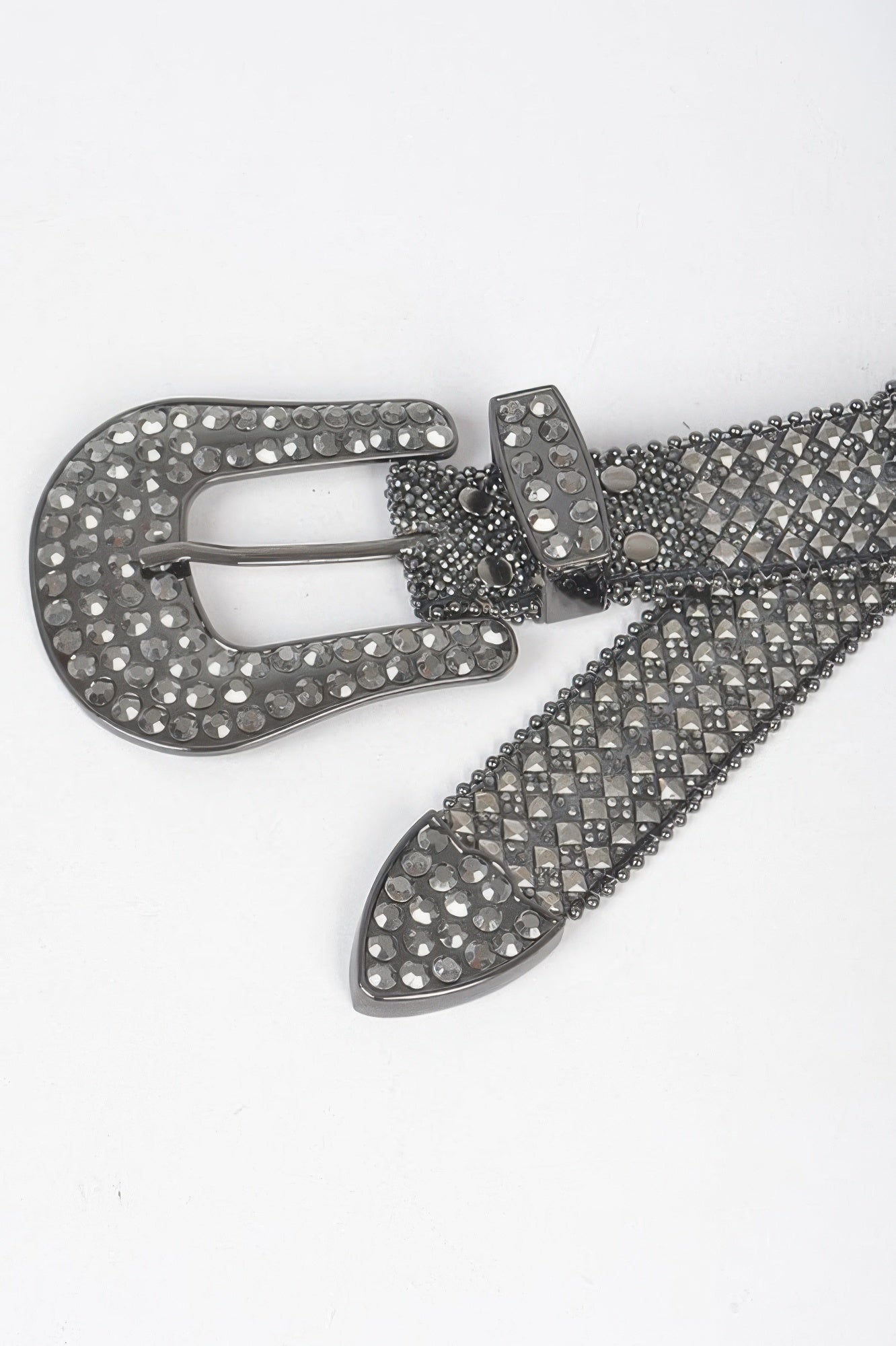 Hematite rhinestone buckle with matching belt ends, diamond grid