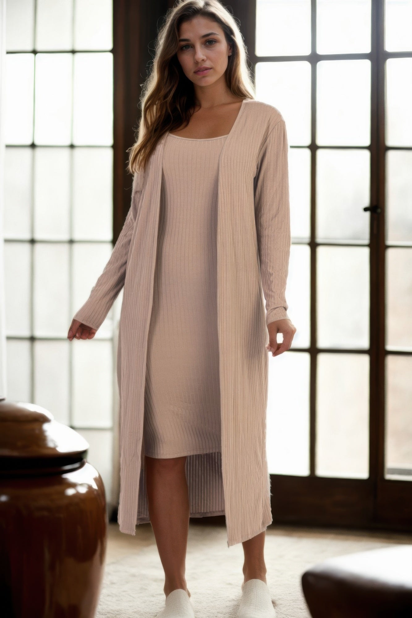 Taupe ribbed cami midi dress with open long cardigan, front view