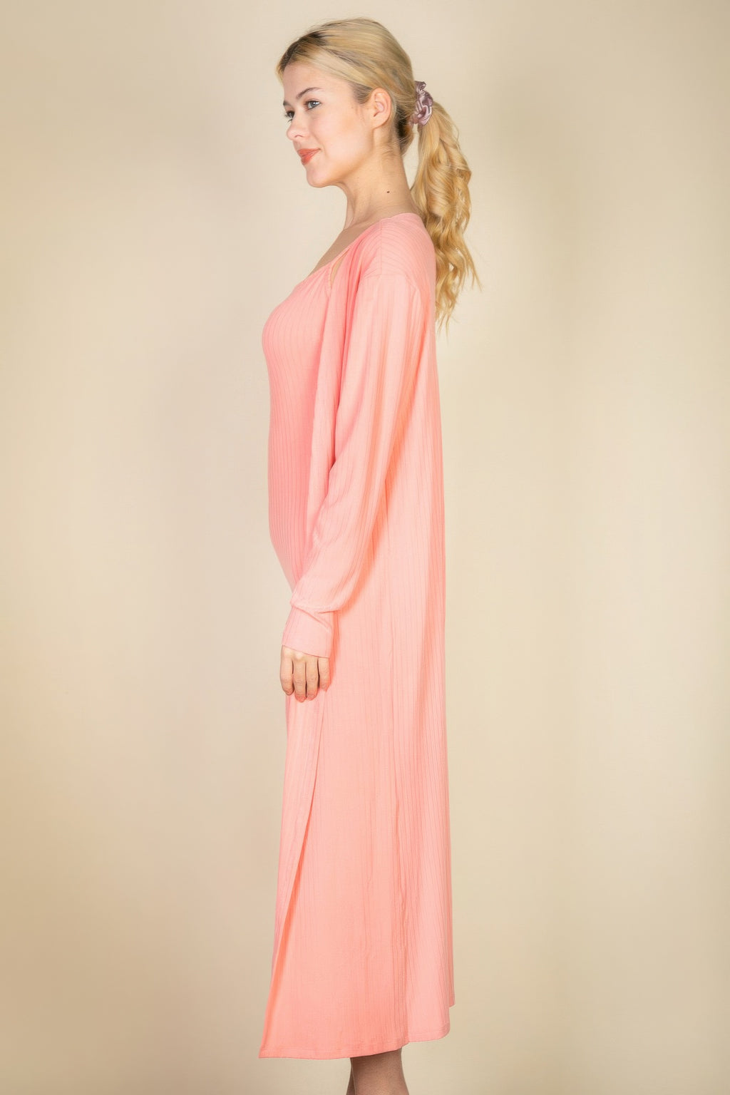 Salmon ribbed midi dress with long cardigan, side view