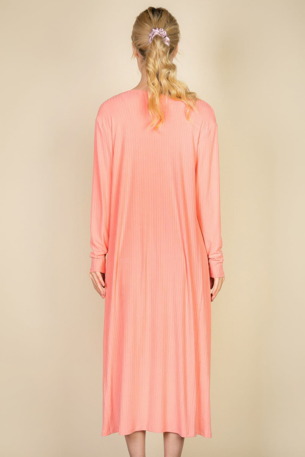 Salmon ribbed midi dress with long back cardigan, back view