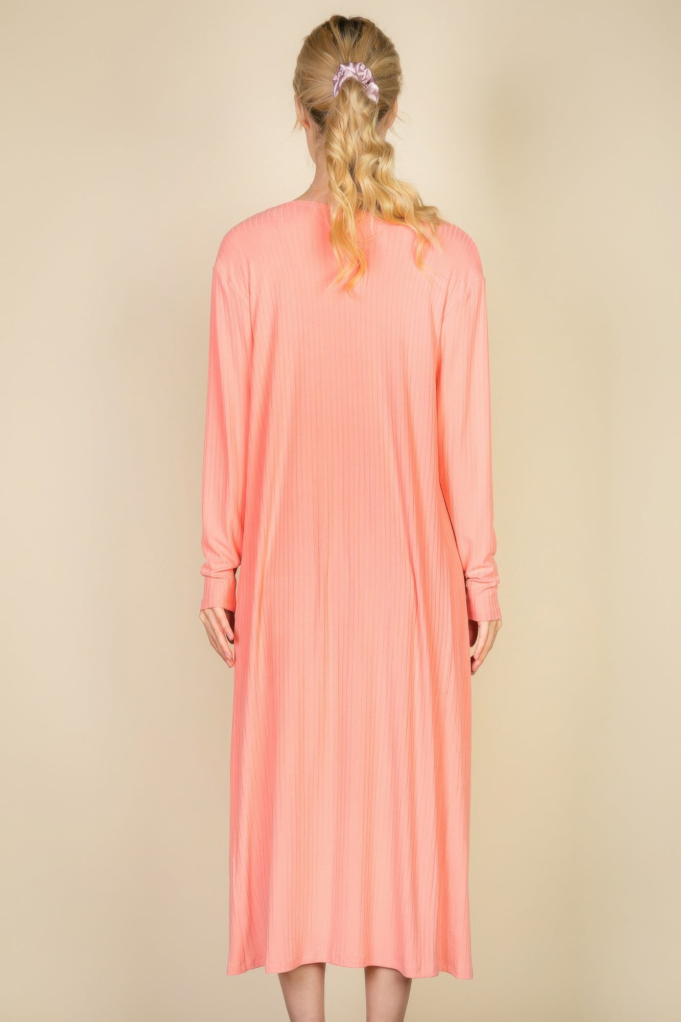 Salmon ribbed midi dress with long back cardigan, back view
