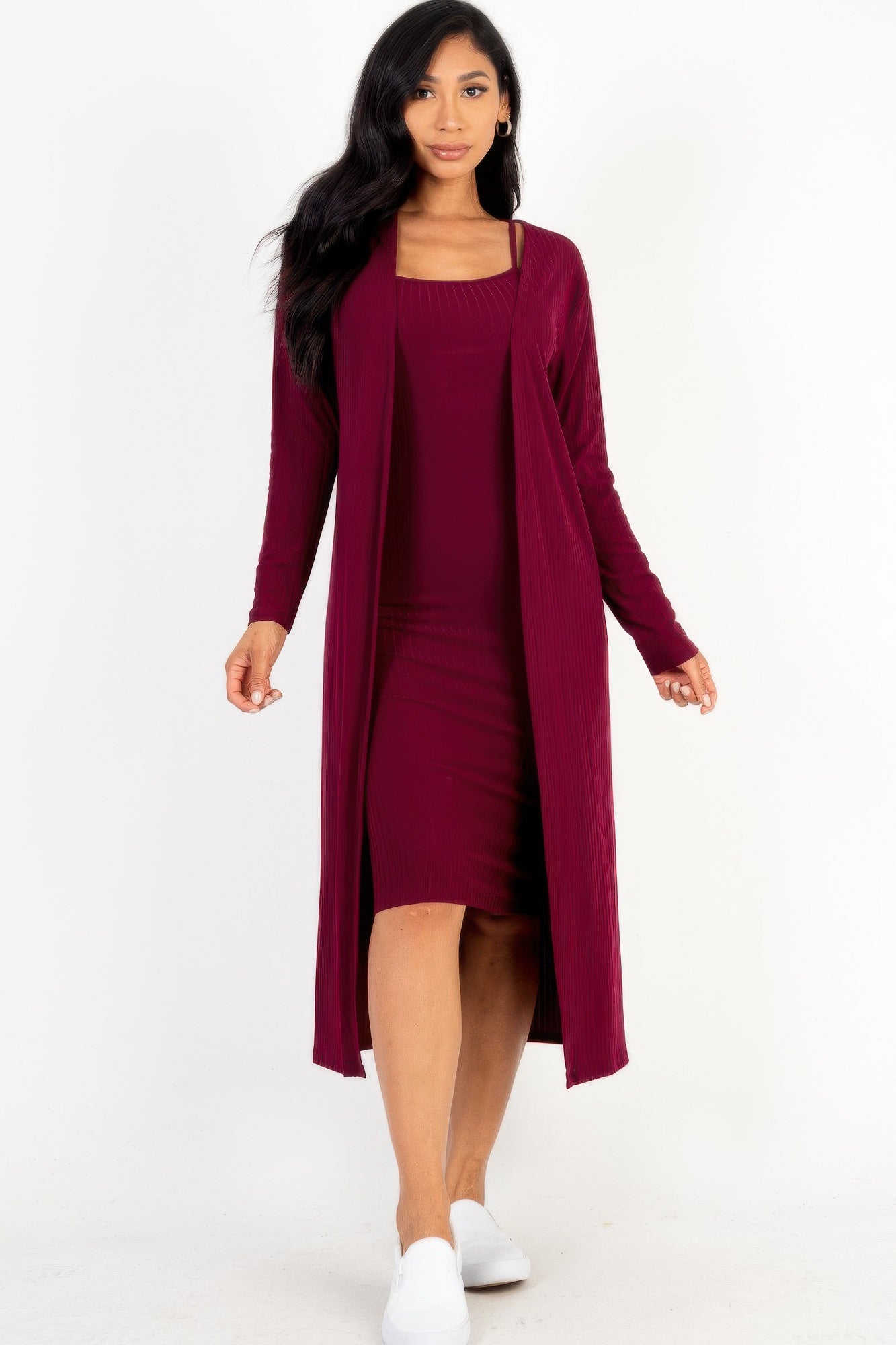 Burgundy ribbed midi bodycon dress with long cardigan, front view