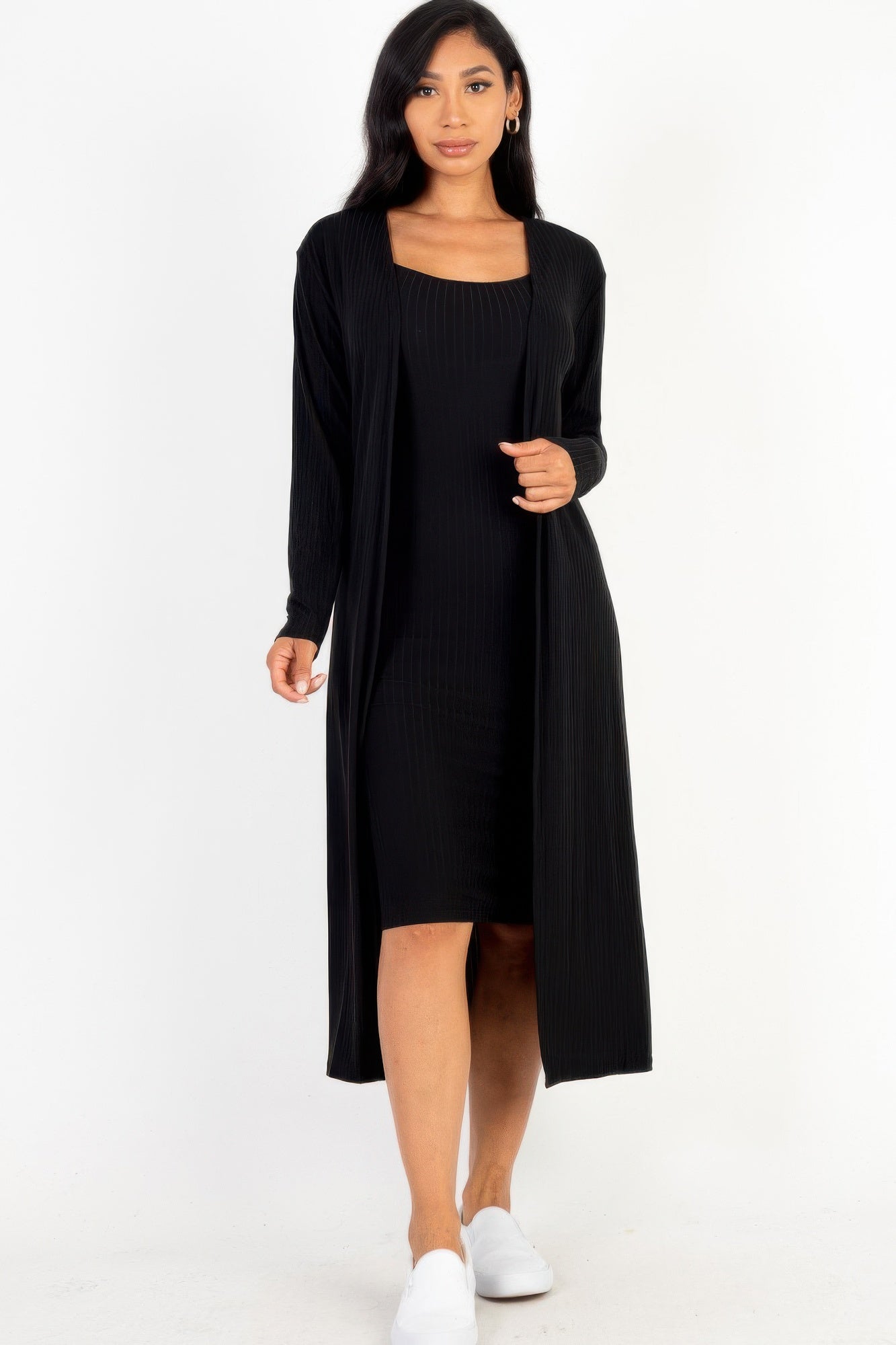 Black ribbed midi bodycon dress with long cardigan, front view