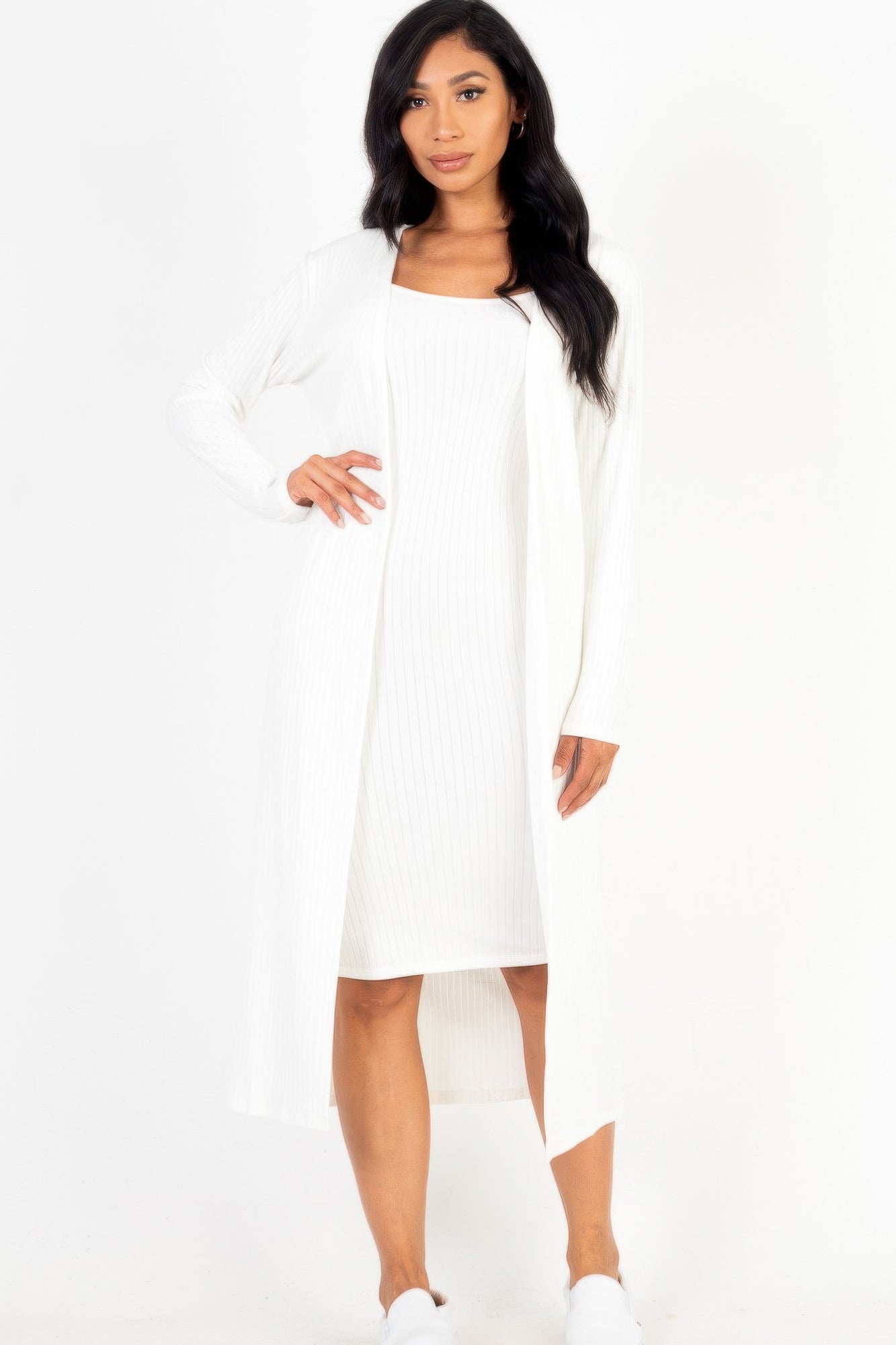 Ribbed midi bodycon dress set with long cardigan, white