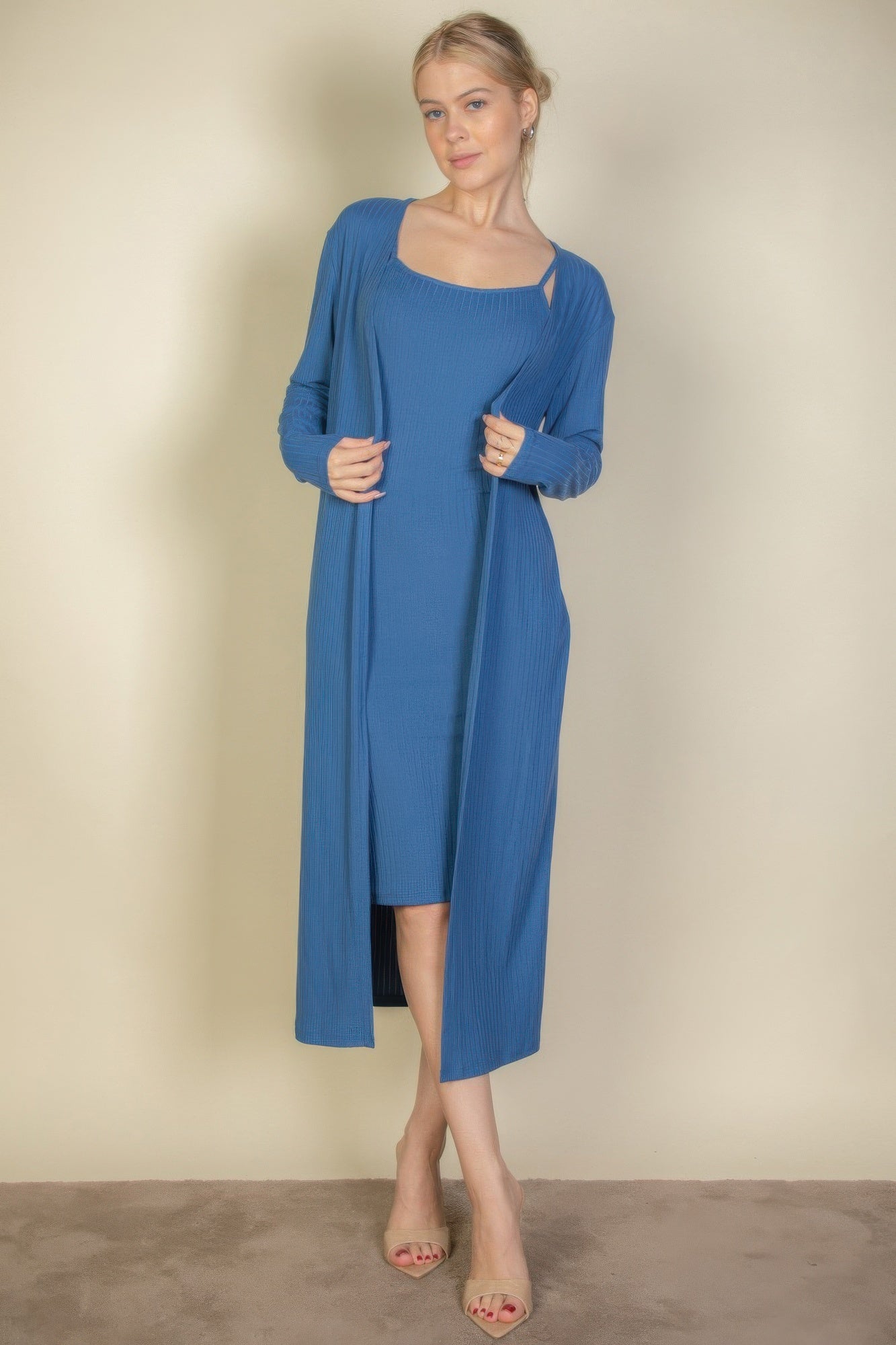 Ribbed midi bodycon dress set with long cardigan, deep blue