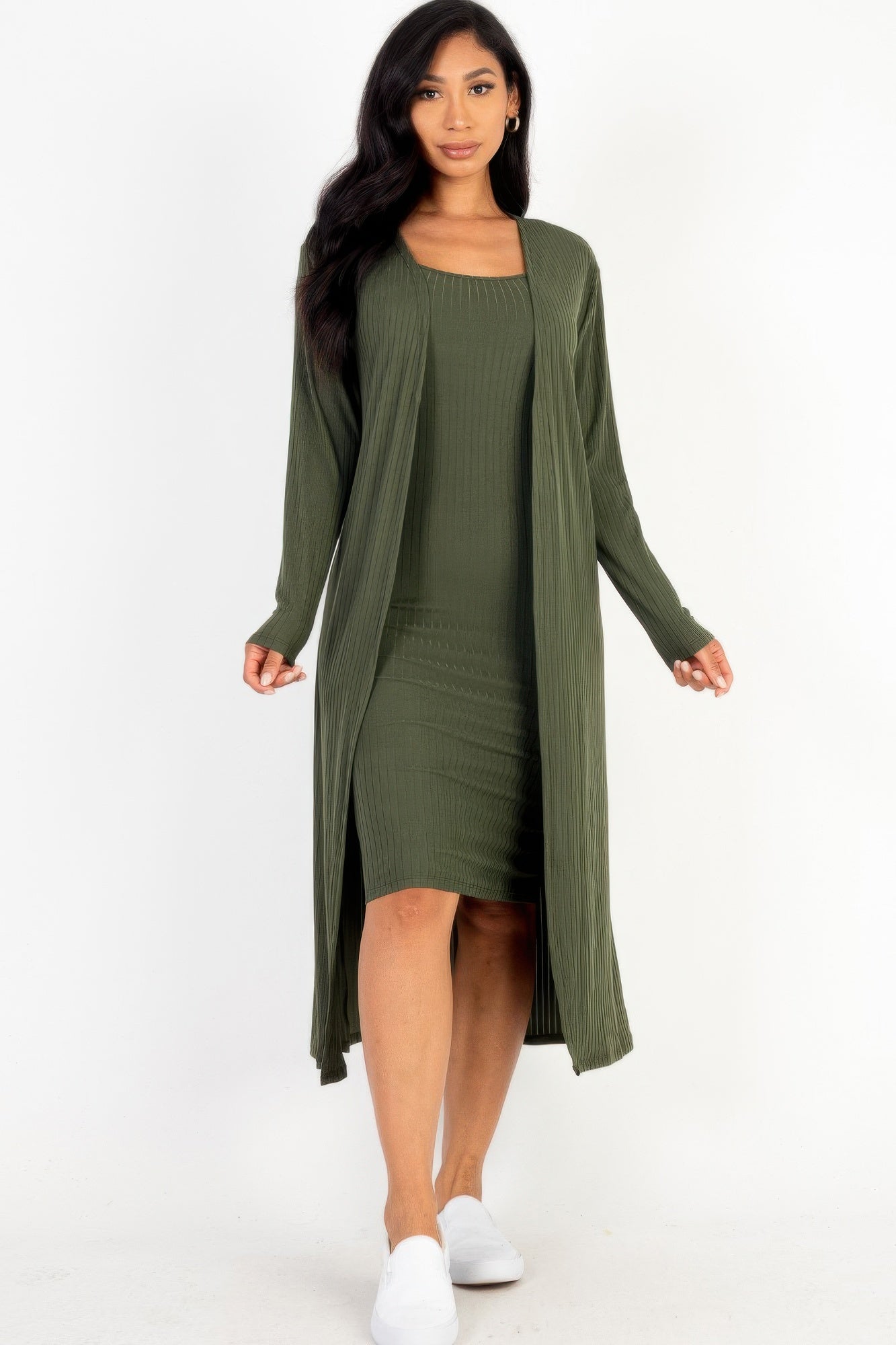 Ribbed midi bodycon dress set with long cardigan, olive green