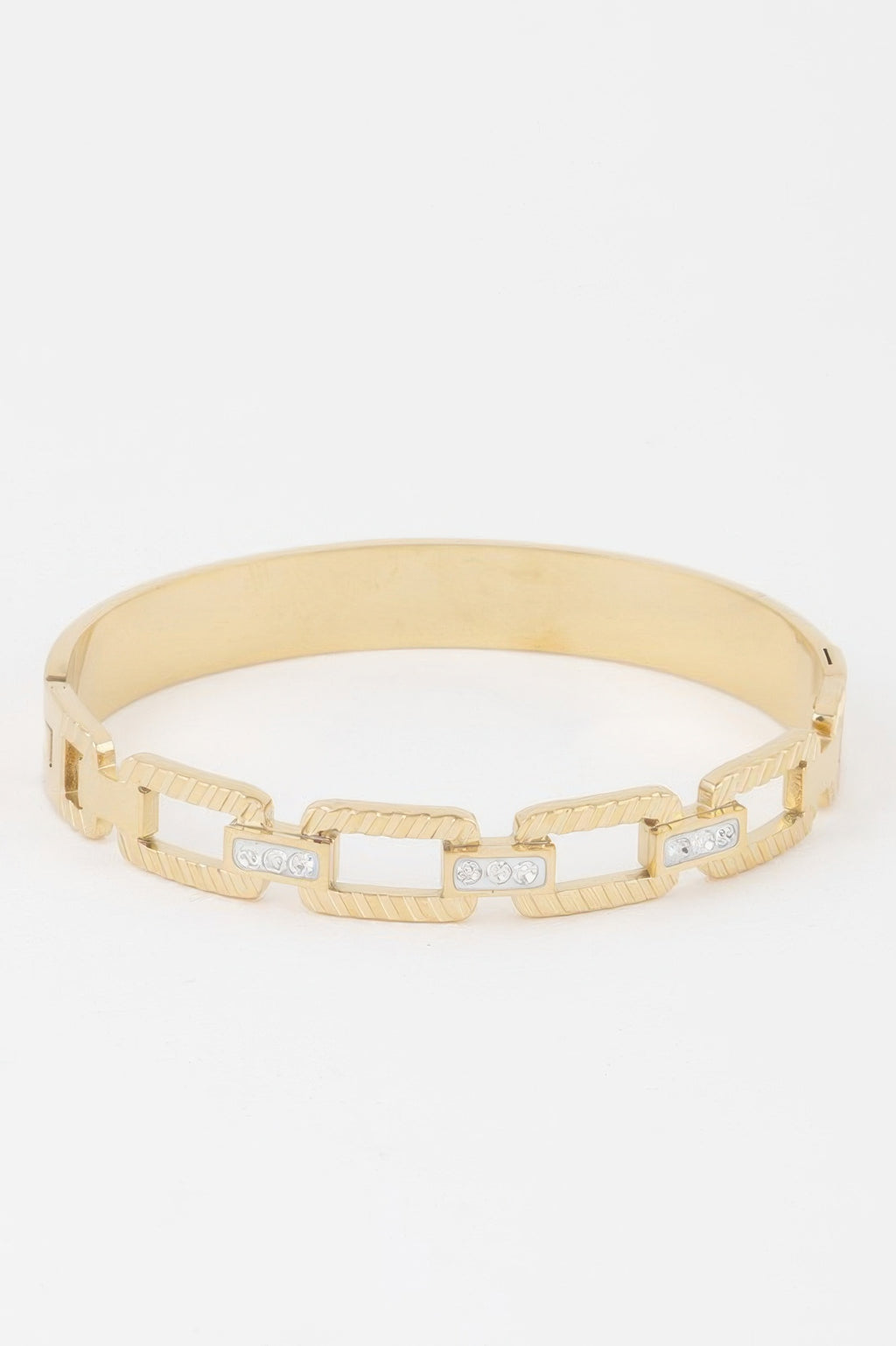 Ribbed chain clasp bracelet, gold clear finish with square links and tiny stones