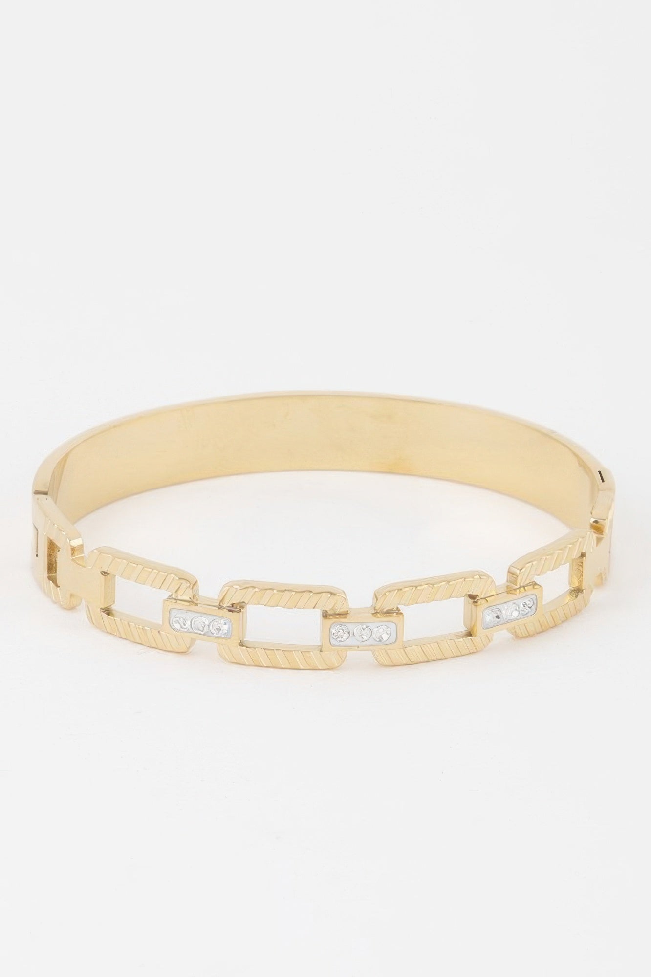 Ribbed chain clasp bracelet, gold clear finish with square links and tiny stones