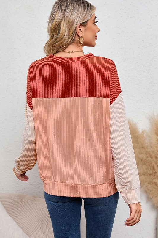 Back view ribbed color block tunic top in rose and blush beige