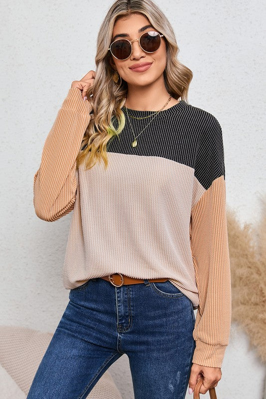 Ribbed color block tunic top in black and khaki color blocks