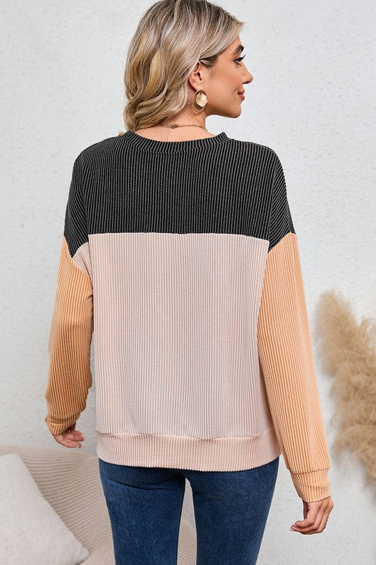 Back view ribbed color block tunic top in black with beige and tan blocks