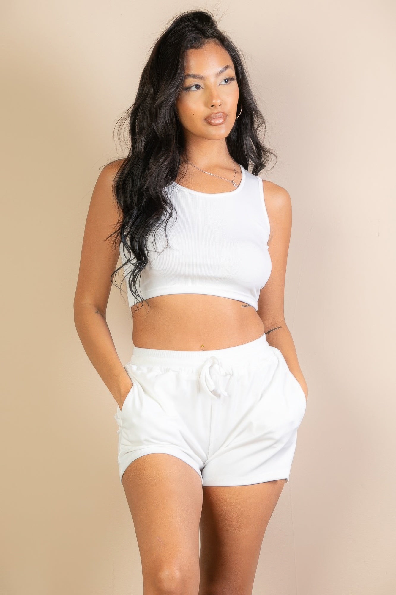 Ribbed crop tank & shorts set, white, sleeveless with drawstring shorts
