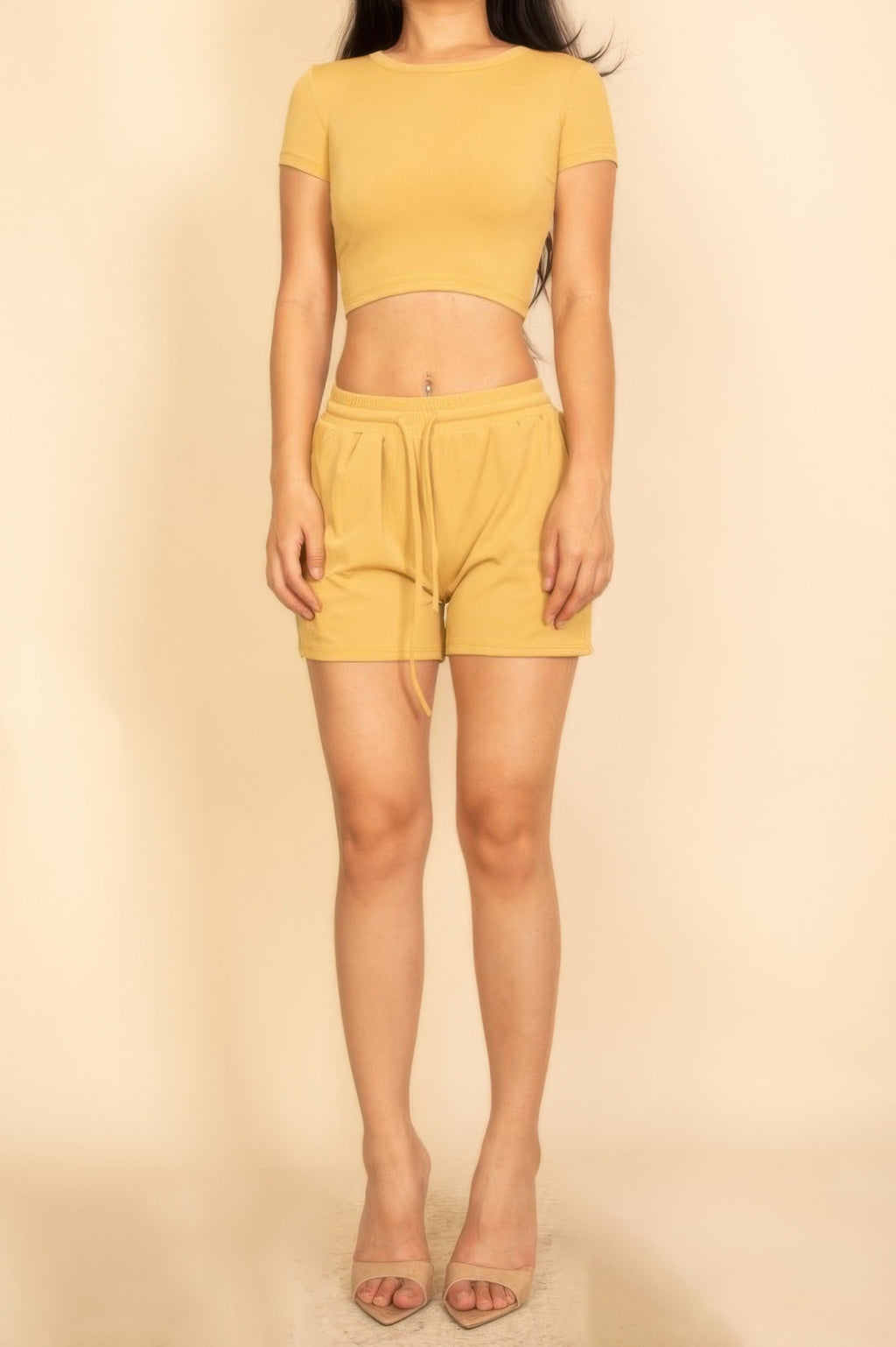 Rippstrick Lounge-Shorts-Set mit Kordelzug, hellgelb, kurzes T-Shirt