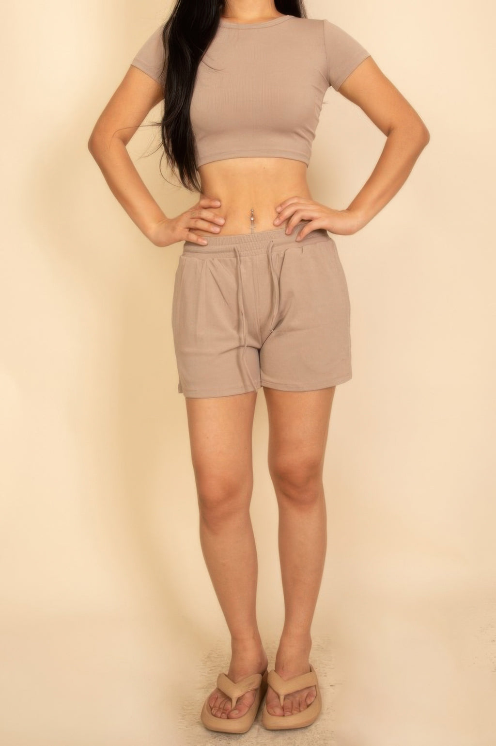 Taupe ribbed knit lounge shorts with adjustable drawstring waistband