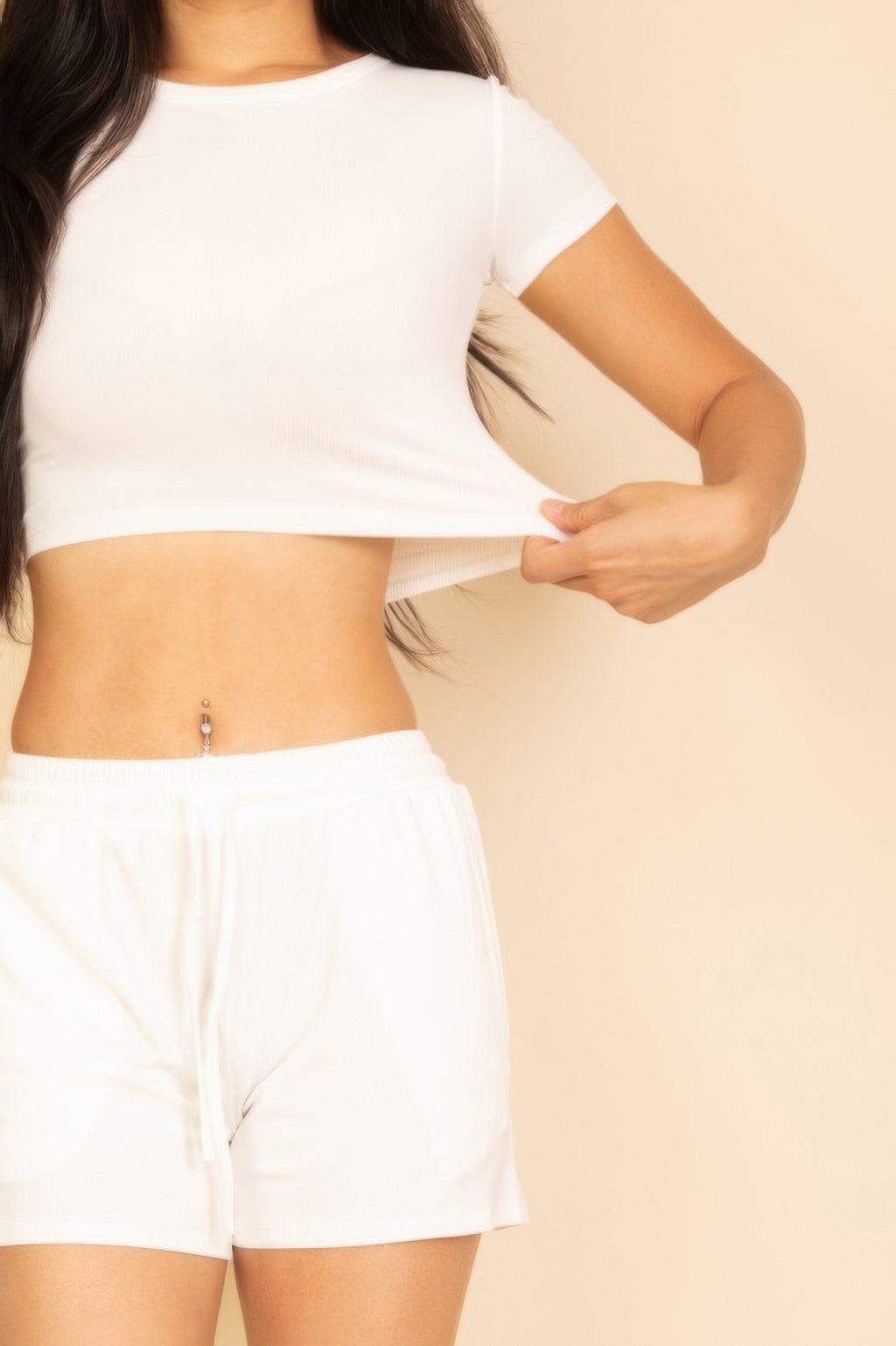 White lounge shorts set: ribbed knit drawstring waistband and short legs