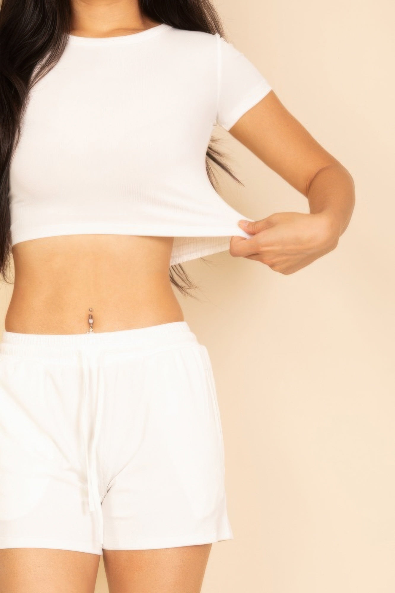 White lounge shorts set: ribbed knit drawstring waistband and short legs