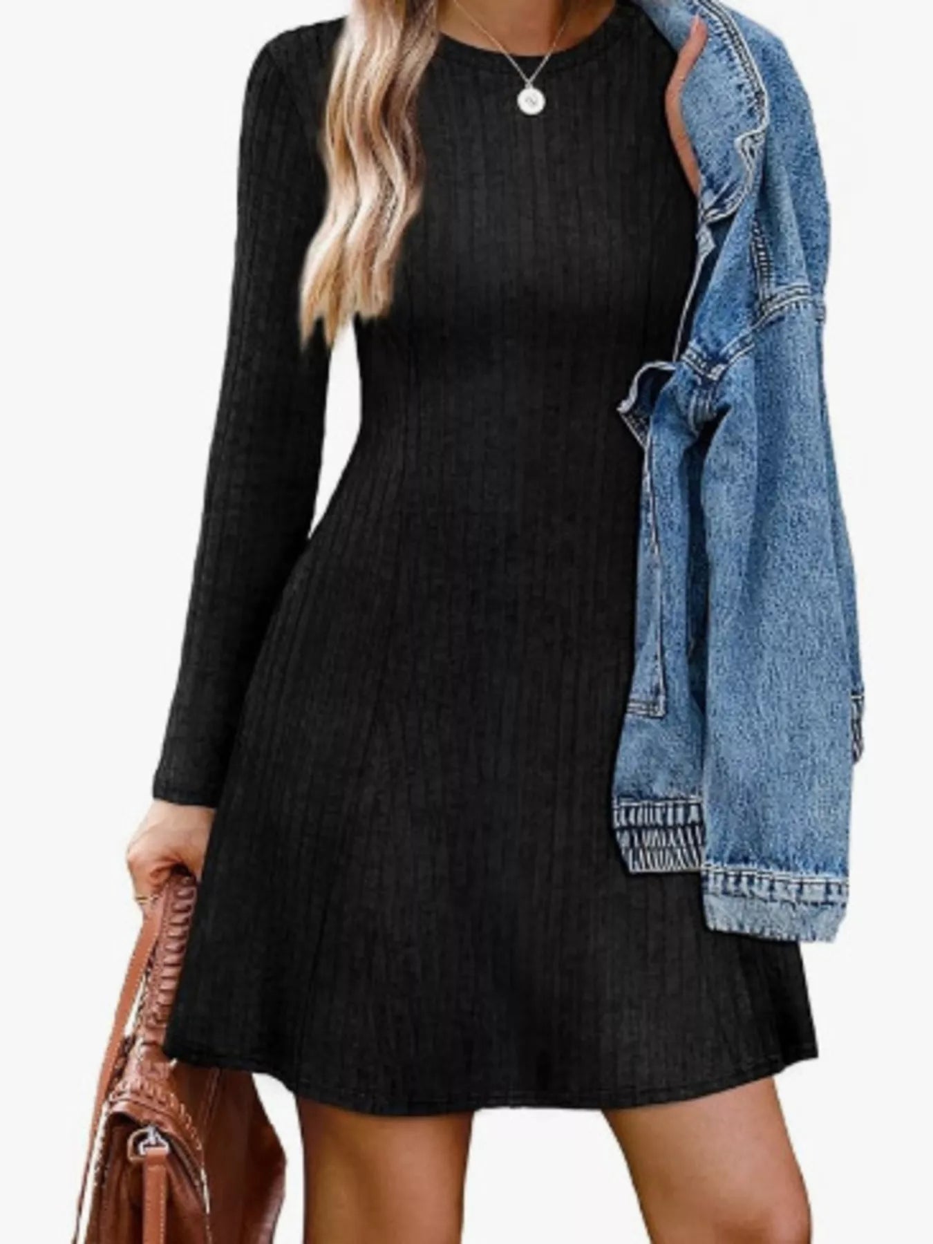 Ribbed Knit Long Sleeve A-Line Dress - Tigbul's Variety Fashion Shop