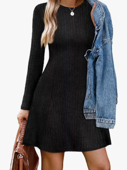 Ribbed Knit Long Sleeve A-Line Dress - Tigbul's Variety Fashion Shop