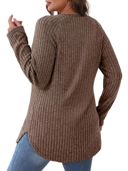 Ribbed Knit Long Sleeve T-Shirt - Tigbul's Variety Fashion Shop
