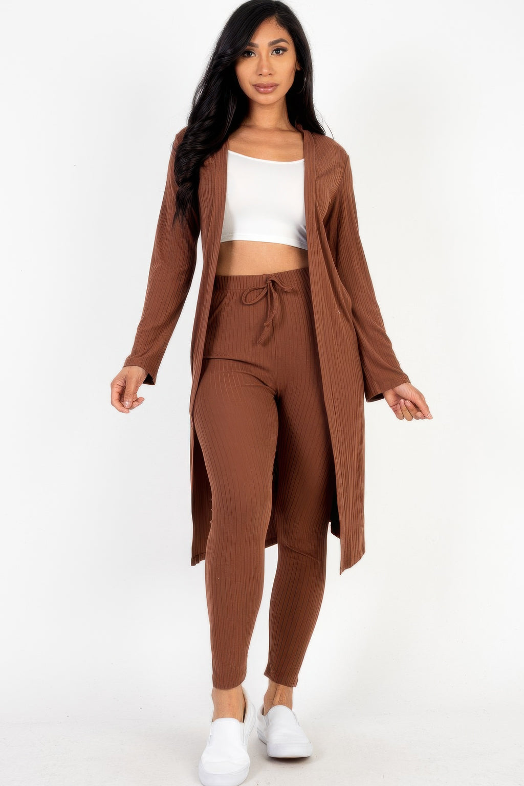 Ribbed long cardigan and leggings set in coffee brown, open front cardigan with drawstring waist