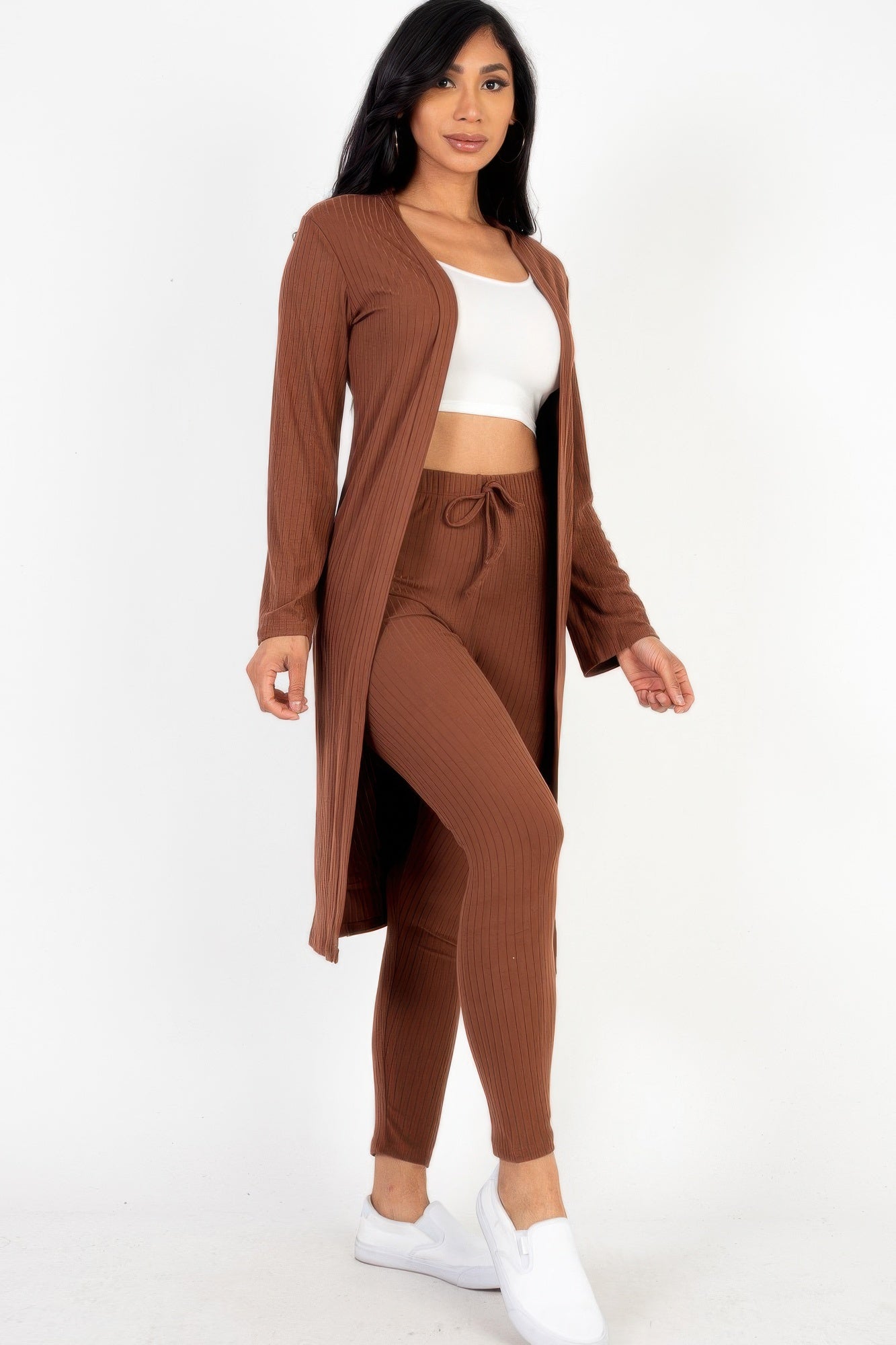 Ribbed long cardigan and leggings set in coffee brown, fitted leggings with tie waist and longline cardigan