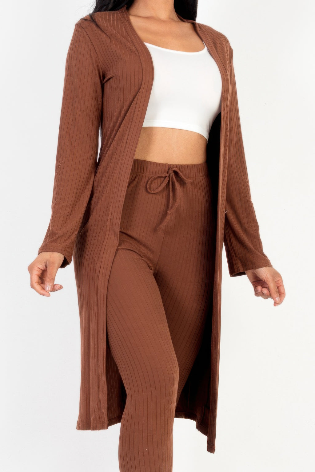 Coffee brown ribbed long cardigan and leggings set, close view of open cardigan and tie-waist leggings