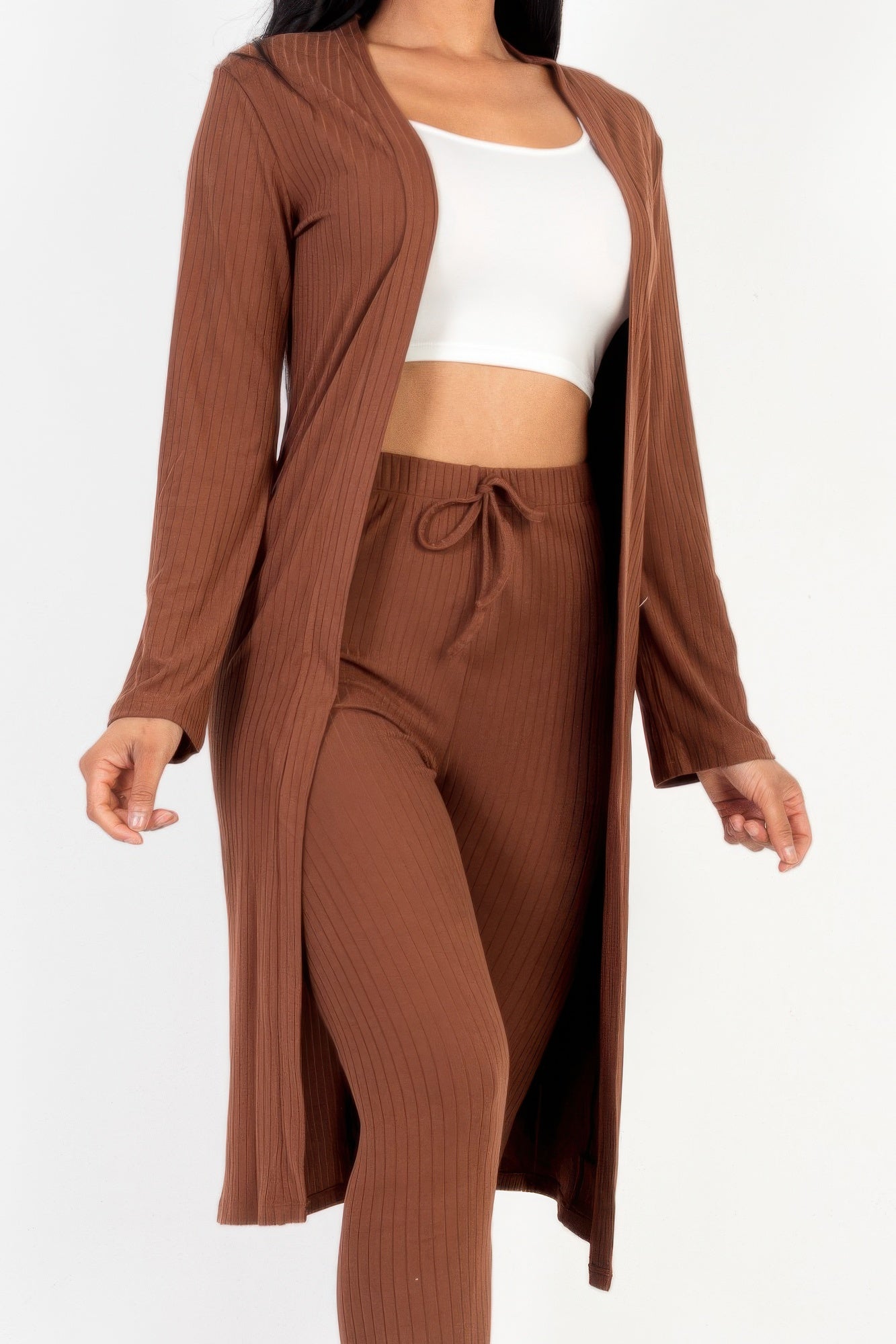 Coffee brown ribbed long cardigan and leggings set, close view of open cardigan and tie-waist leggings