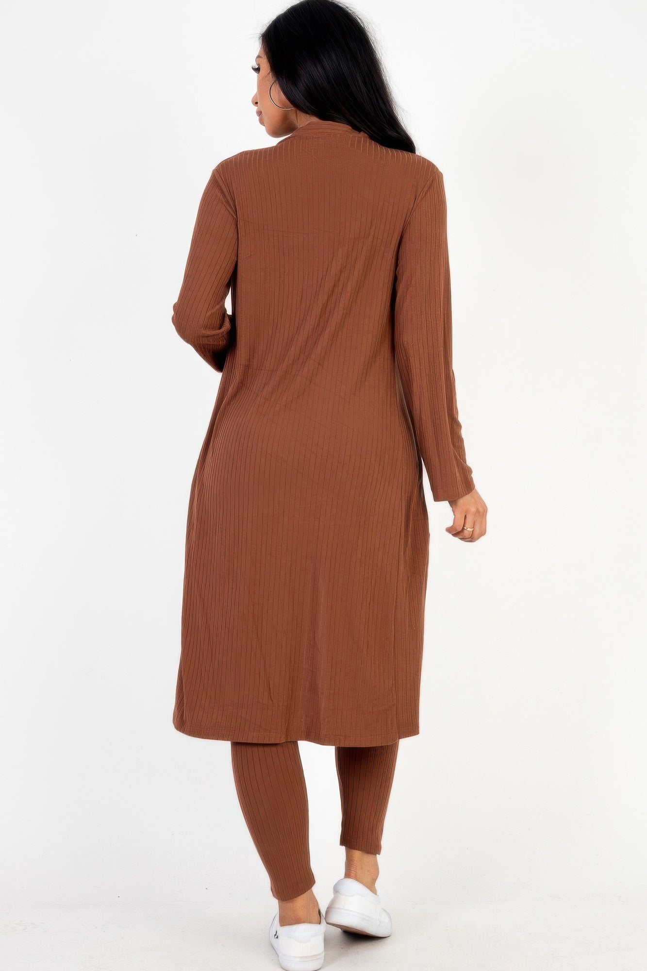 Coffee brown ribbed long cardigan and leggings set, rear view showing longline cardigan and fitted leggings