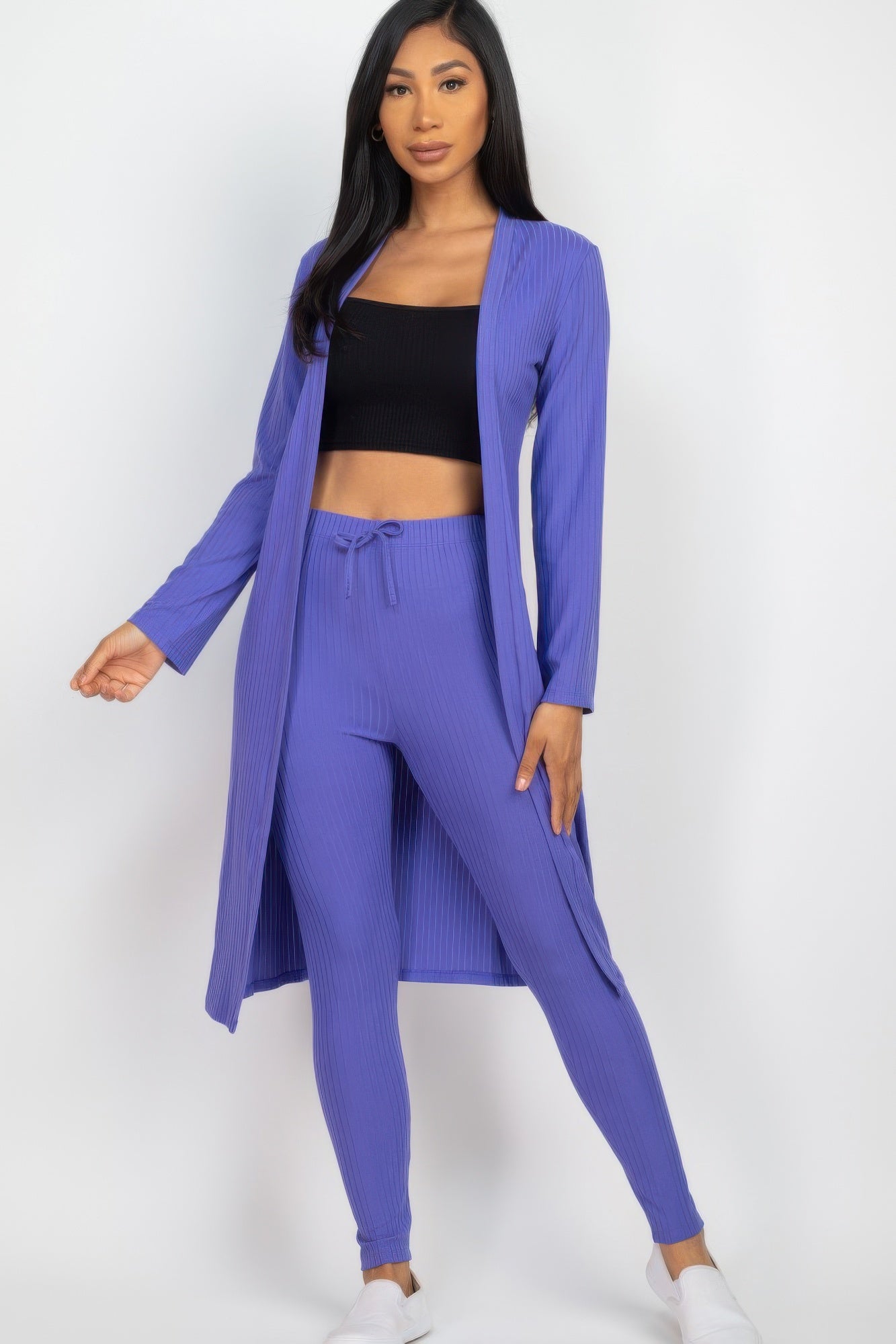 Ribbed long cardigan and leggings set in blue, open cardigan with matching drawstring leggings