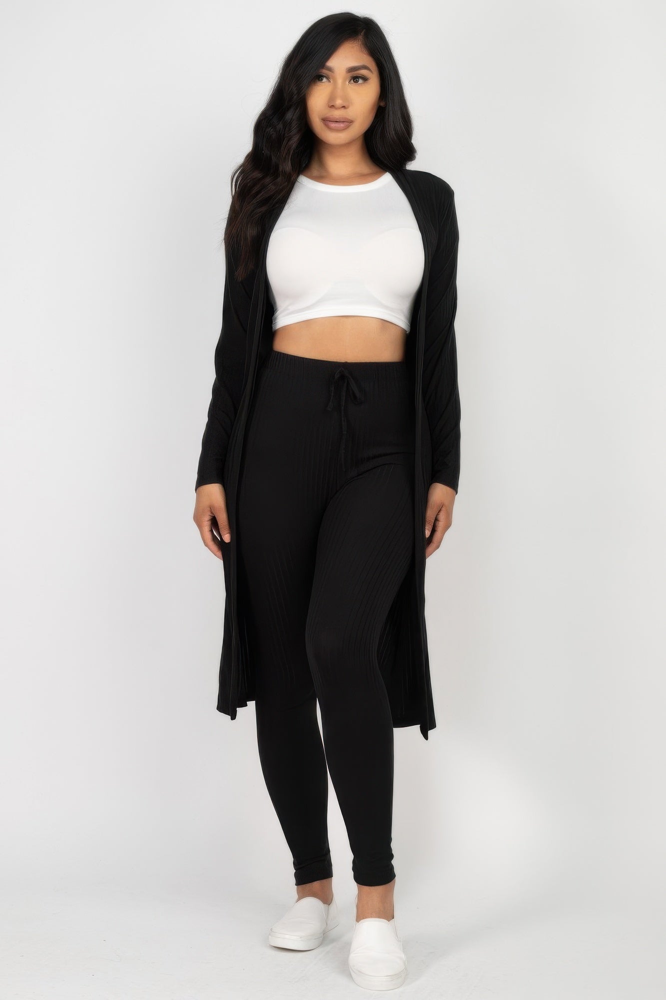 Ribbed long cardigan and leggings set in black, open cardigan with fitted leggings and tie waist