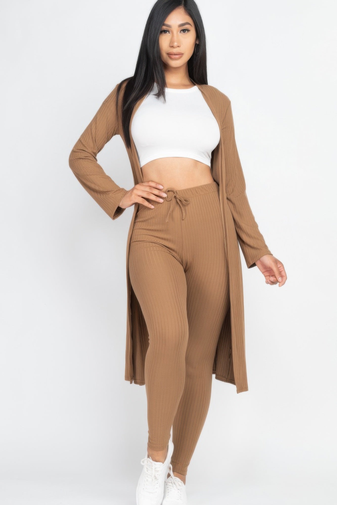 Ribbed long cardigan and leggings set in tan, open long cardigan over matching tie-waist leggings