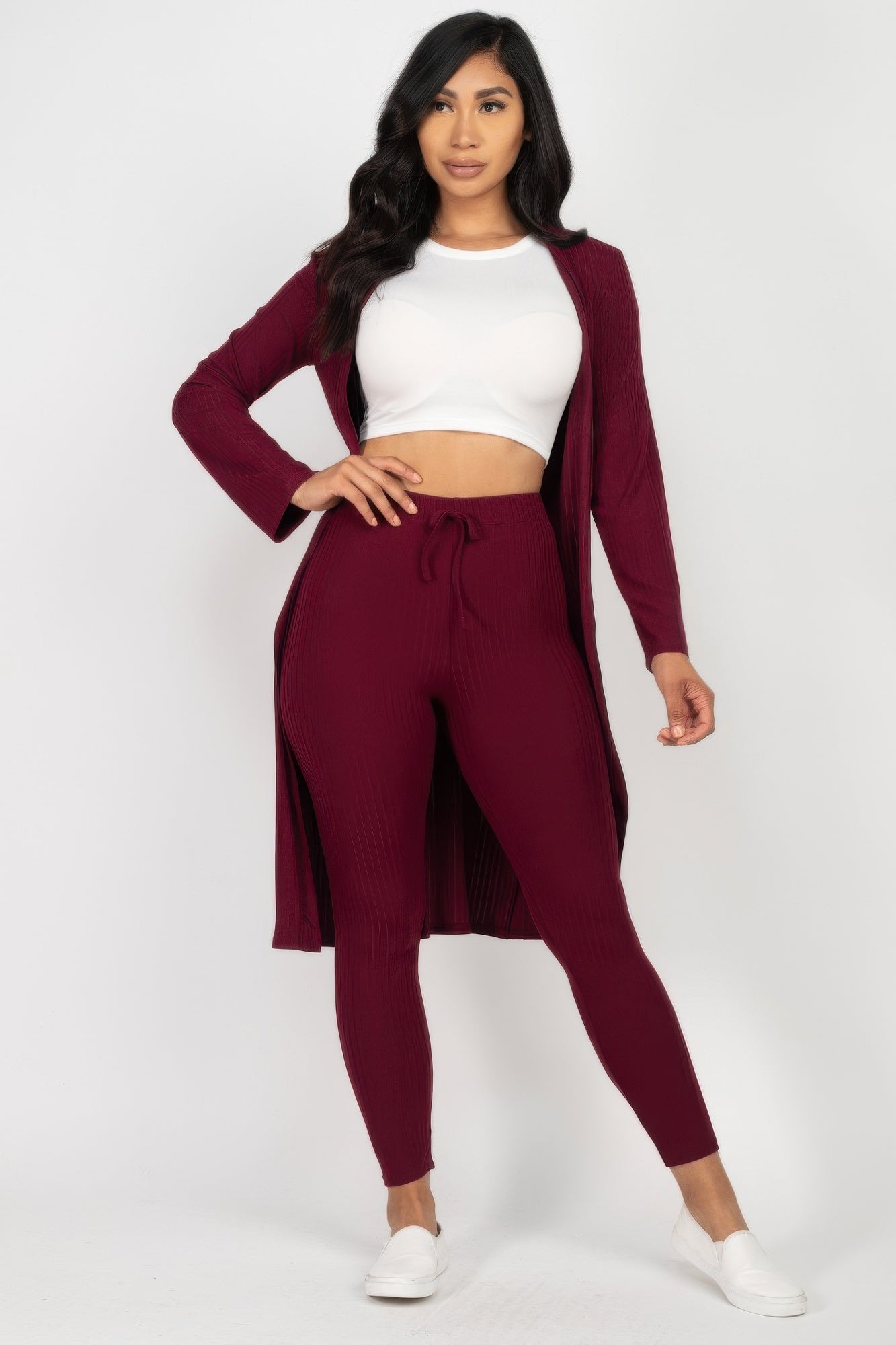 Ribbed long cardigan and leggings set in burgundy, open cardigan with tie-waist fitted leggings