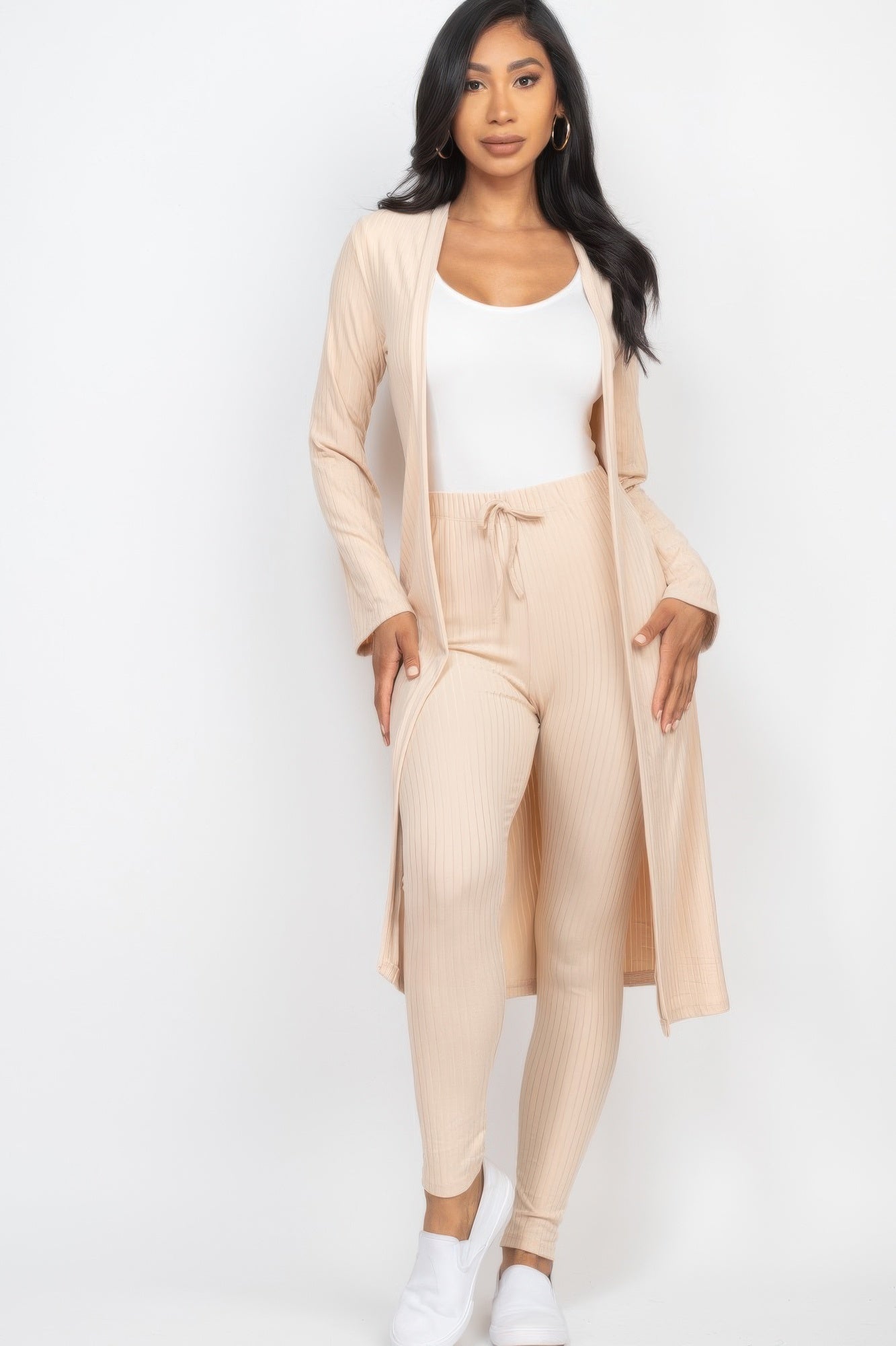 Ribbed long cardigan and leggings set in beige, open front cardigan with matching tie-waist leggings