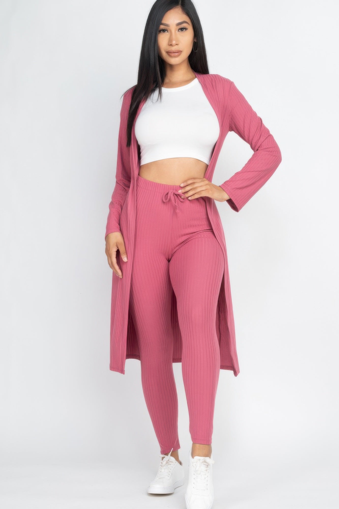 Ribbed long cardigan & leggings set in berry pink ribbed knit, drawstring waist