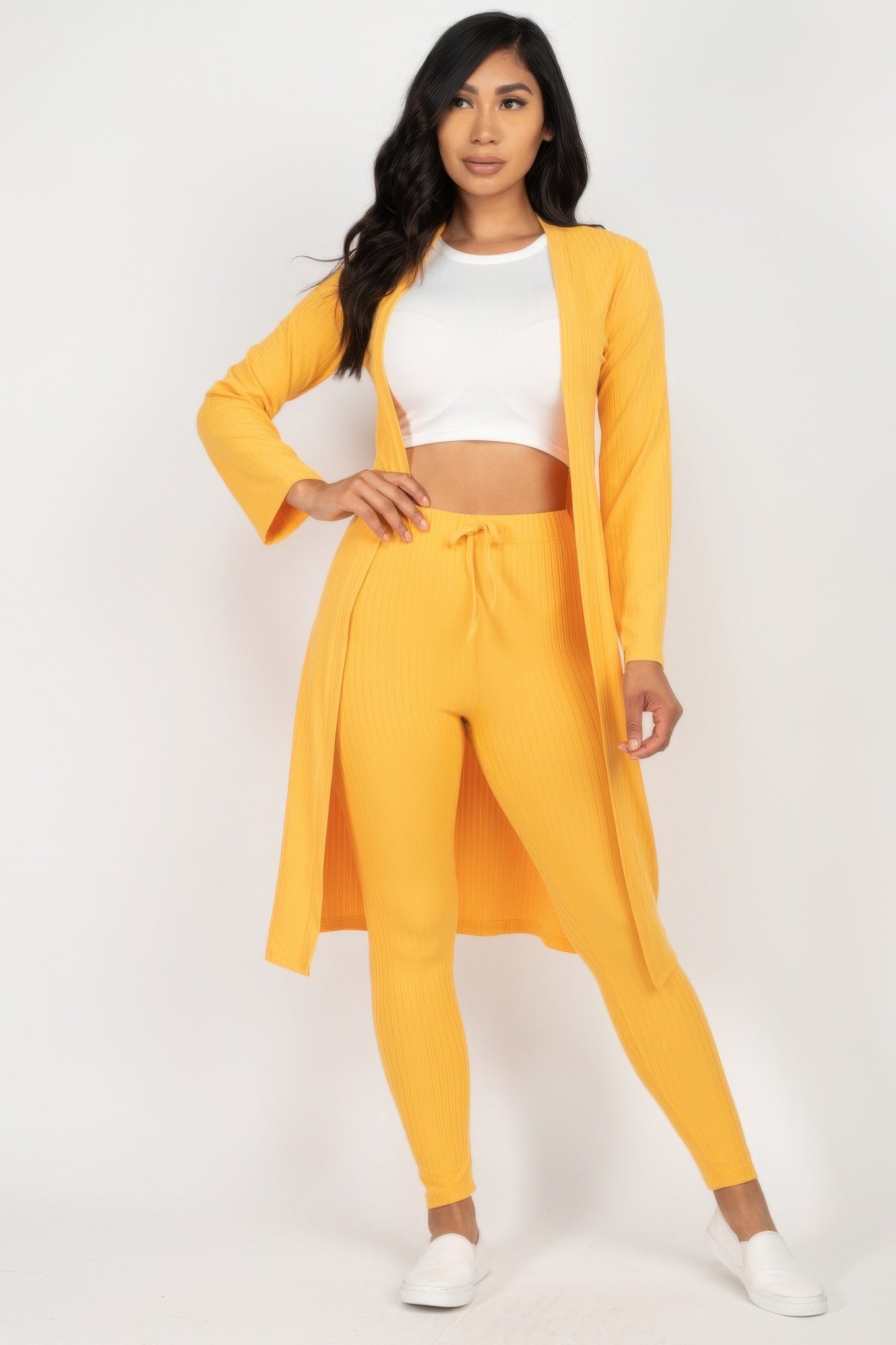 Ribbed long cardigan & leggings set in mustard yellow, drawstring ribbed leggings