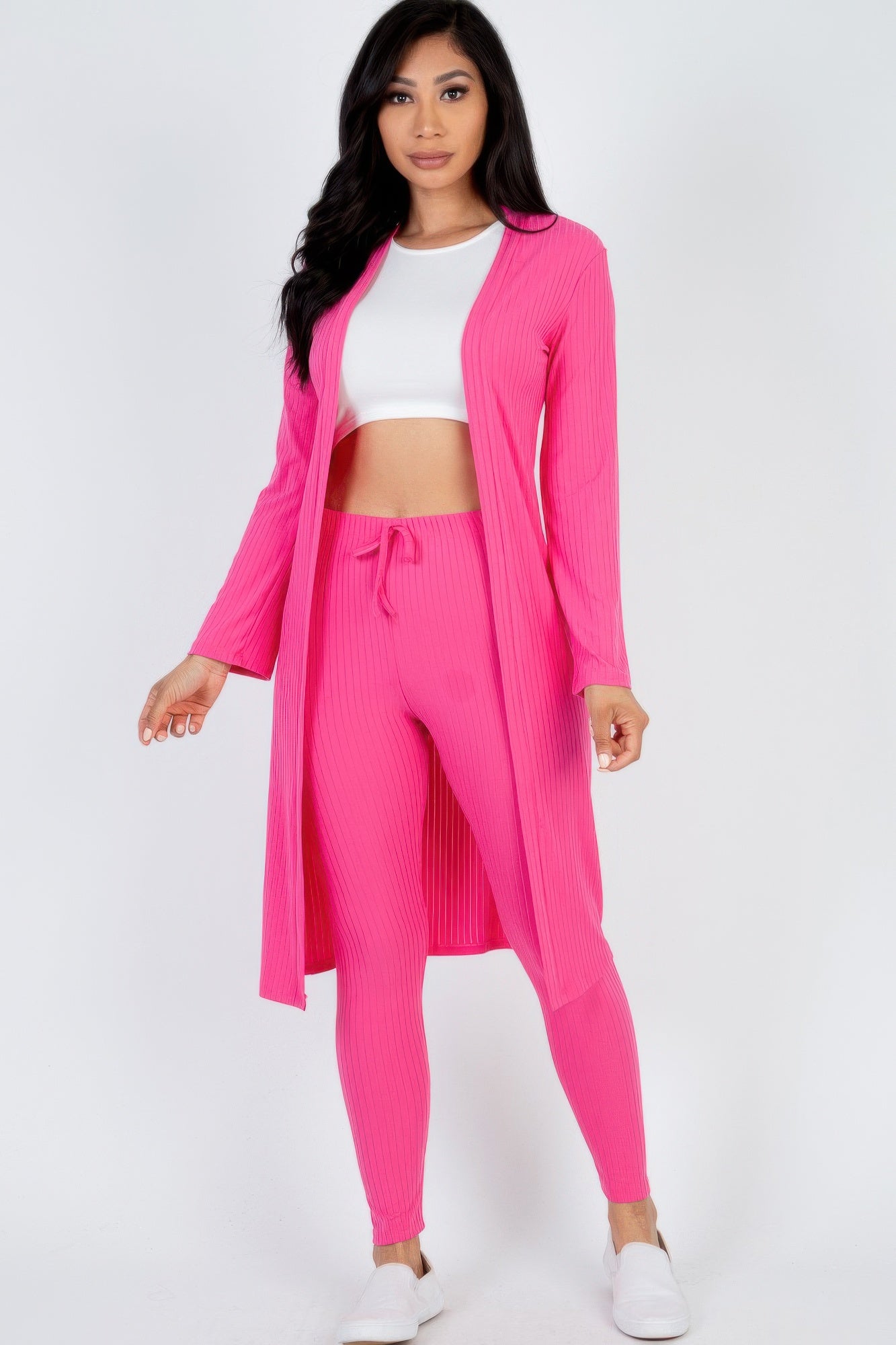 Ribbed long cardigan & leggings set in bright pink, long cardigan over ribbed leggings