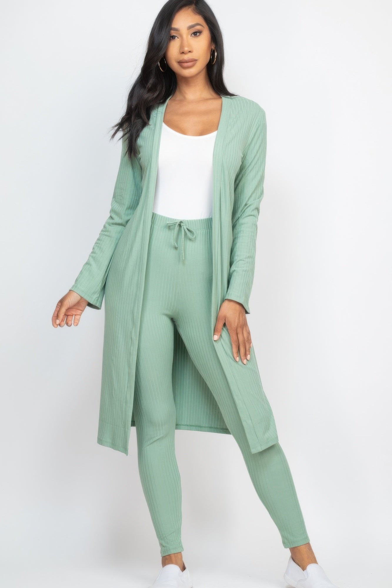 Ribbed long cardigan & leggings set in sage green, ribbed cardigan and drawstring leggings