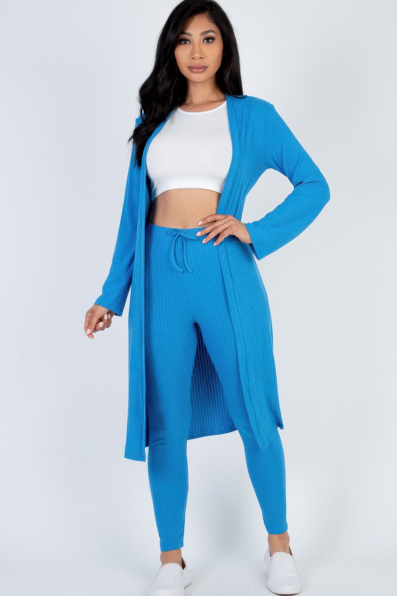 Ribbed long cardigan & leggings set in royal blue, long cardigan and ribbed leggings