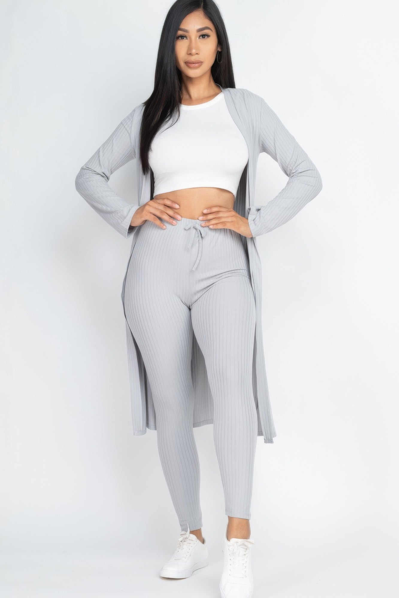 Ribbed long cardigan & leggings set in light gray, open cardigan with drawstring leggings