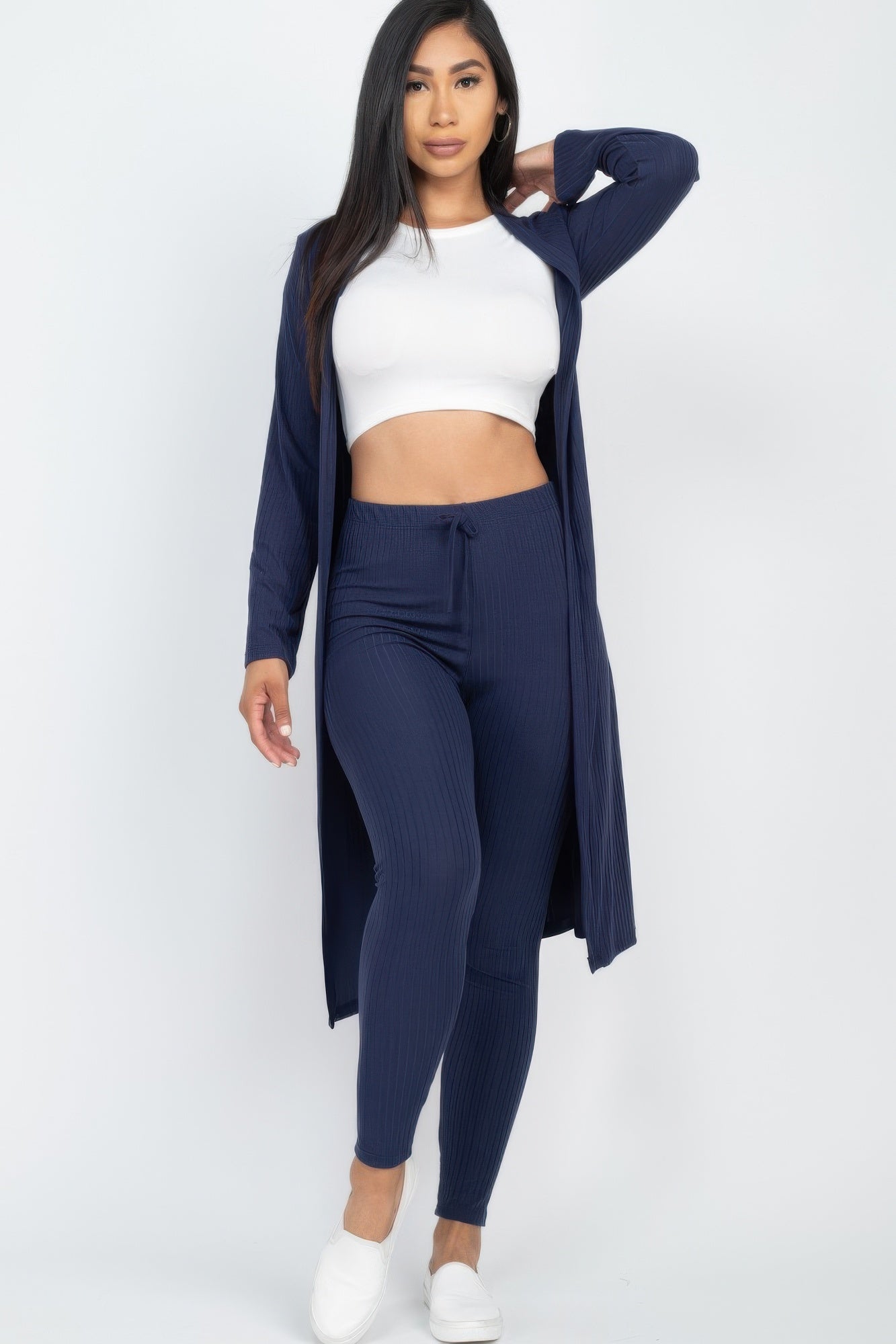 Ribbed long cardigan & leggings set in navy blue, long cardigan with ribbed drawstring leggings