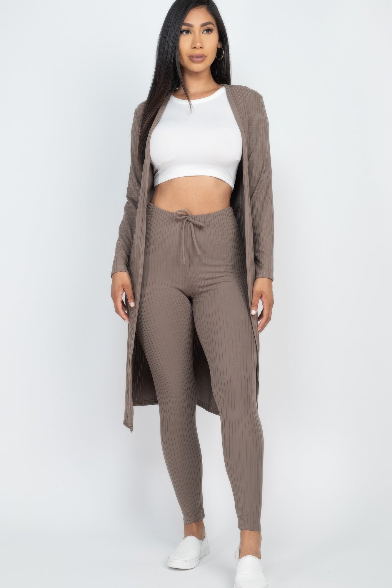 Ribbed long cardigan & leggings set in taupe, ribbed cardigan over drawstring leggings
