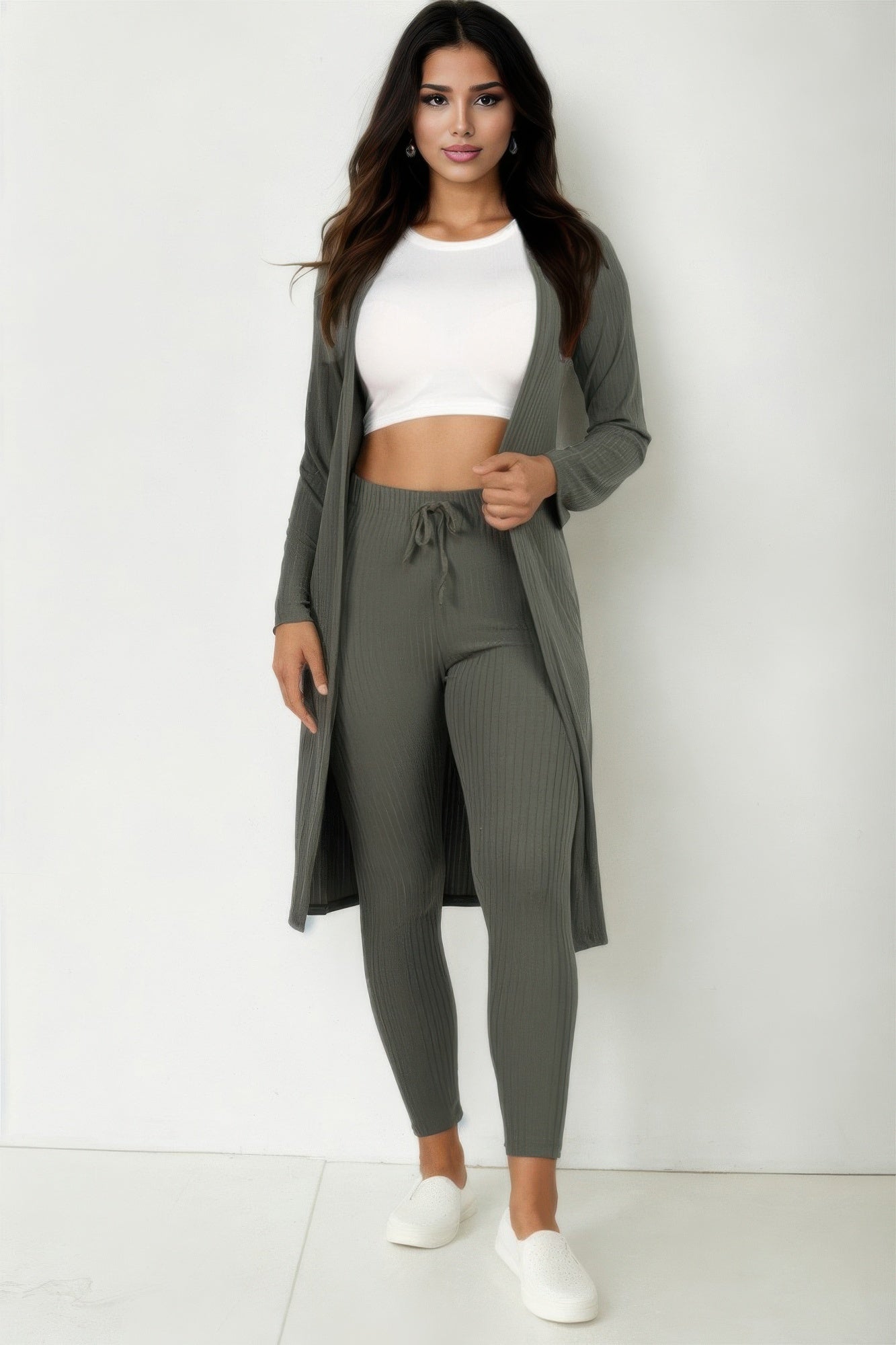 Ribbed long cardigan & leggings set in dark olive green, long cardigan and ribbed leggings