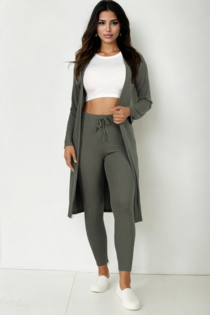 Ribbed Long Cardigan & Leggings Set - Tigbul's Variety Fashion Shop