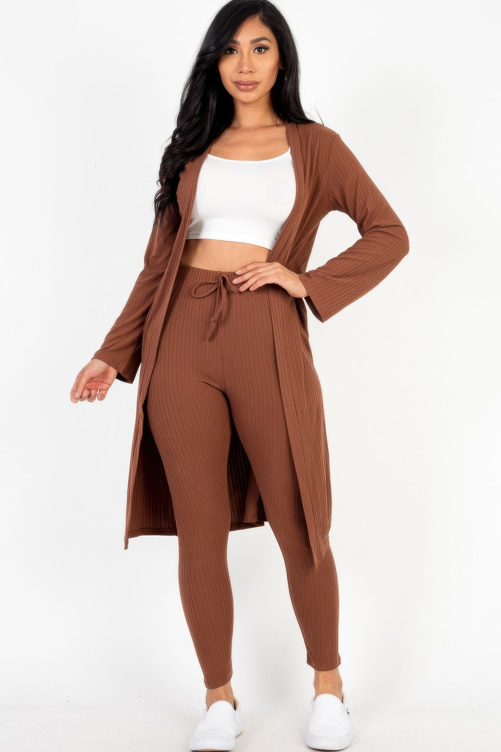 Ribbed long cardigan and matching leggings set in brown