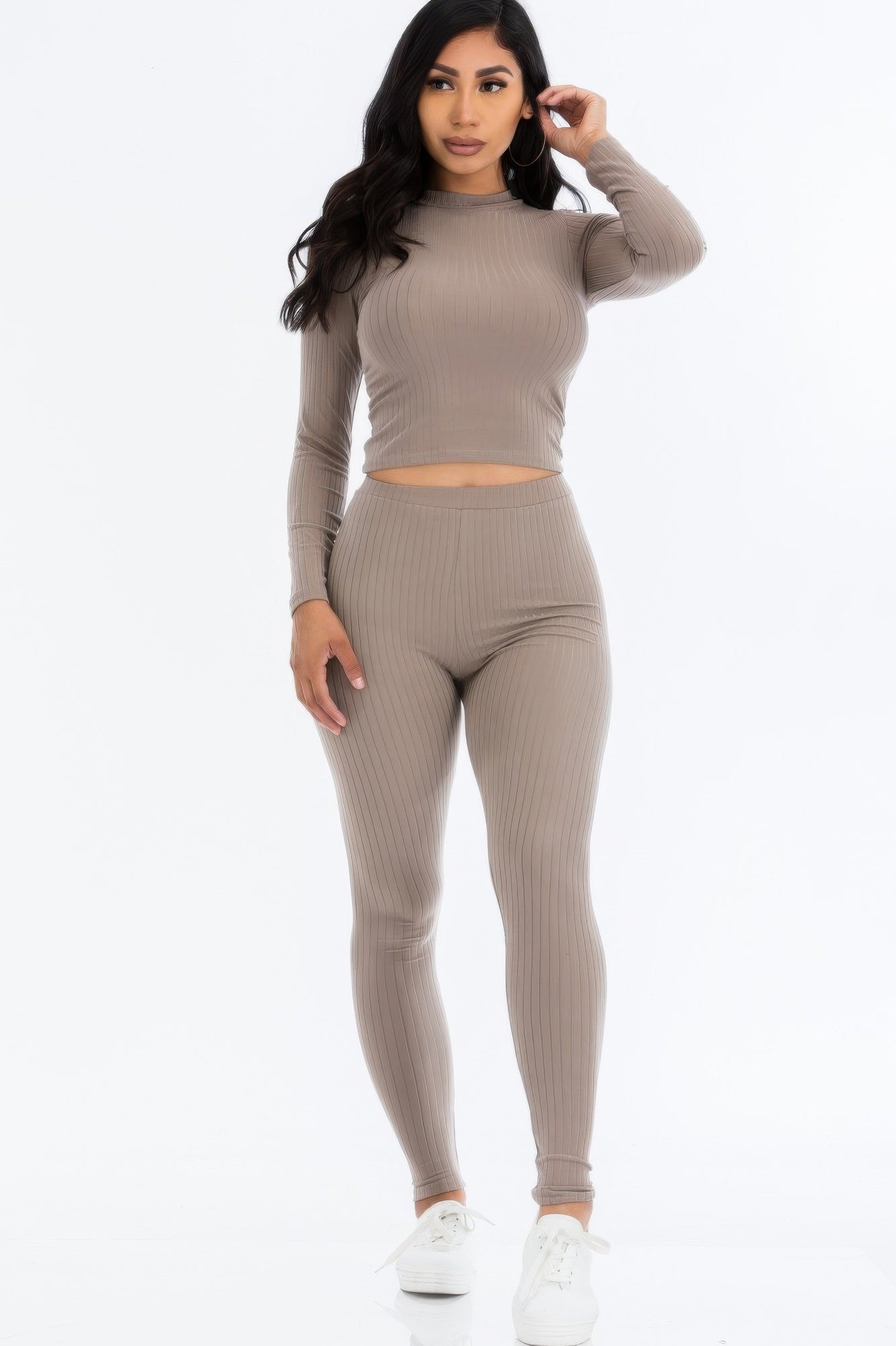 Taupe ribbed mock neck long-sleeve crop top and high-waist leggings set.