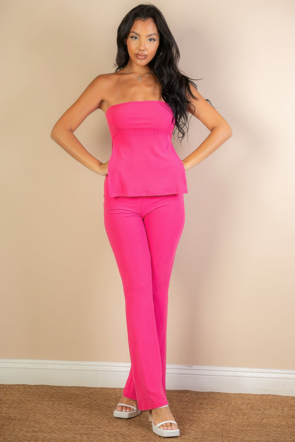 Fuchsia ribbed bandeau top and flared pants set, high-rise fit