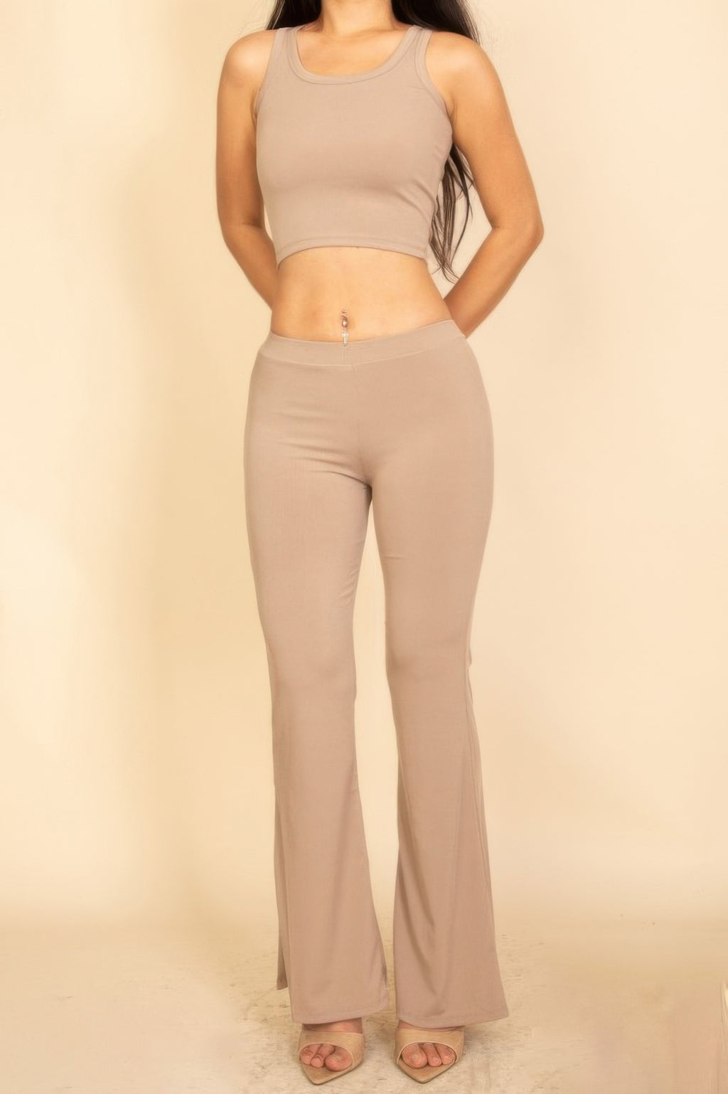 Ribbed sleeveless crop top and flared pants set in taupe
