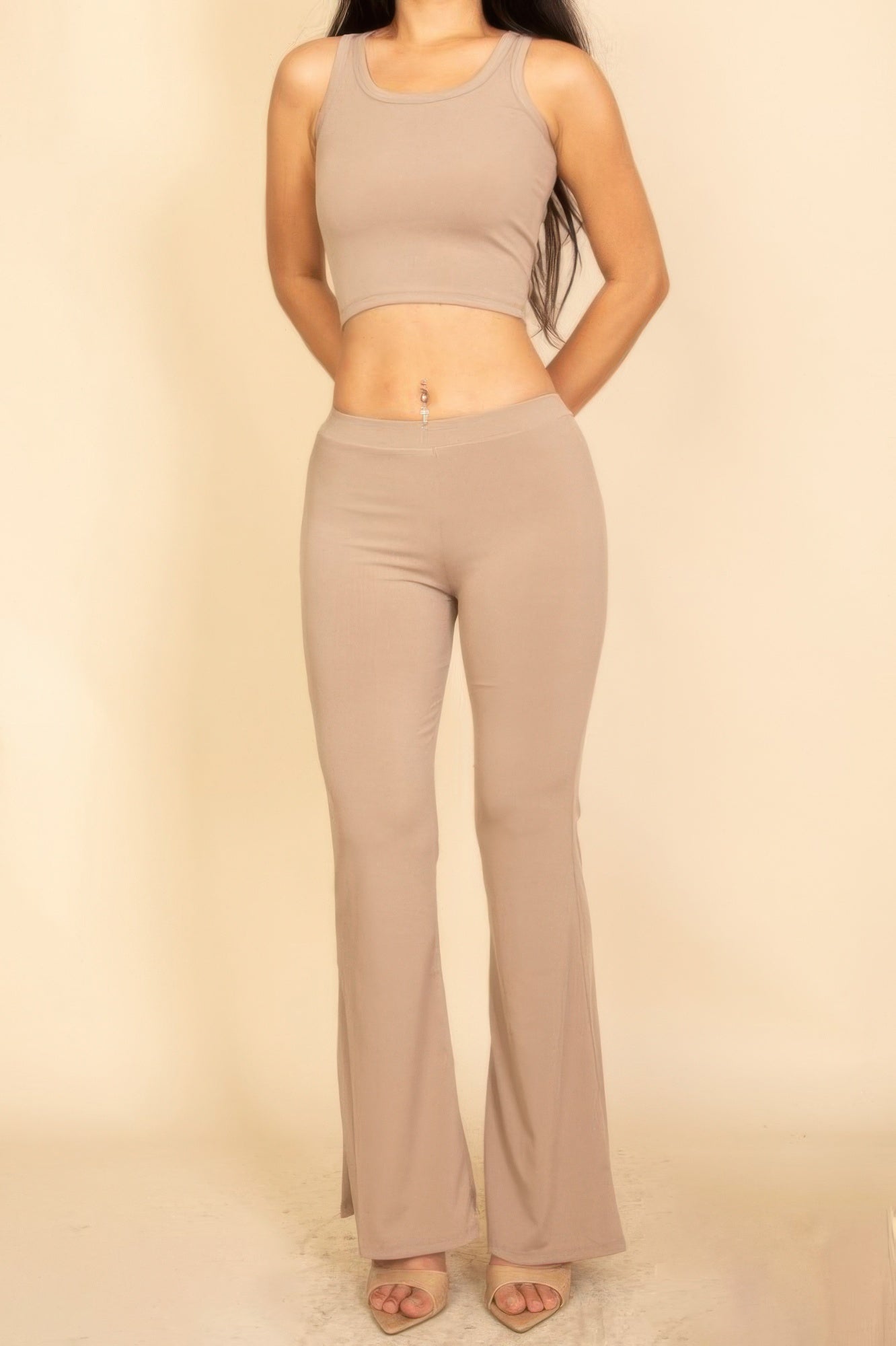 Ribbed sleeveless crop top and flared pants set in taupe