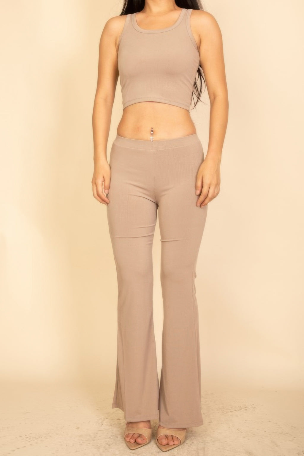 Taupe ribbed crop top with matching flared pants, sleeveless